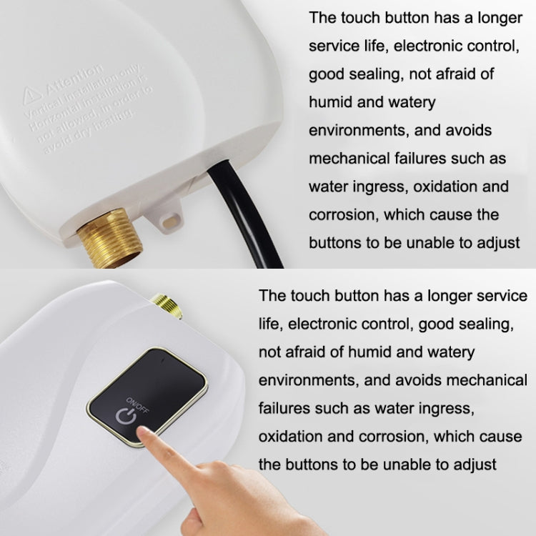 Compact Instant Water Heater Mini Kitchen Quick Heater with brass fittings and touch control button.