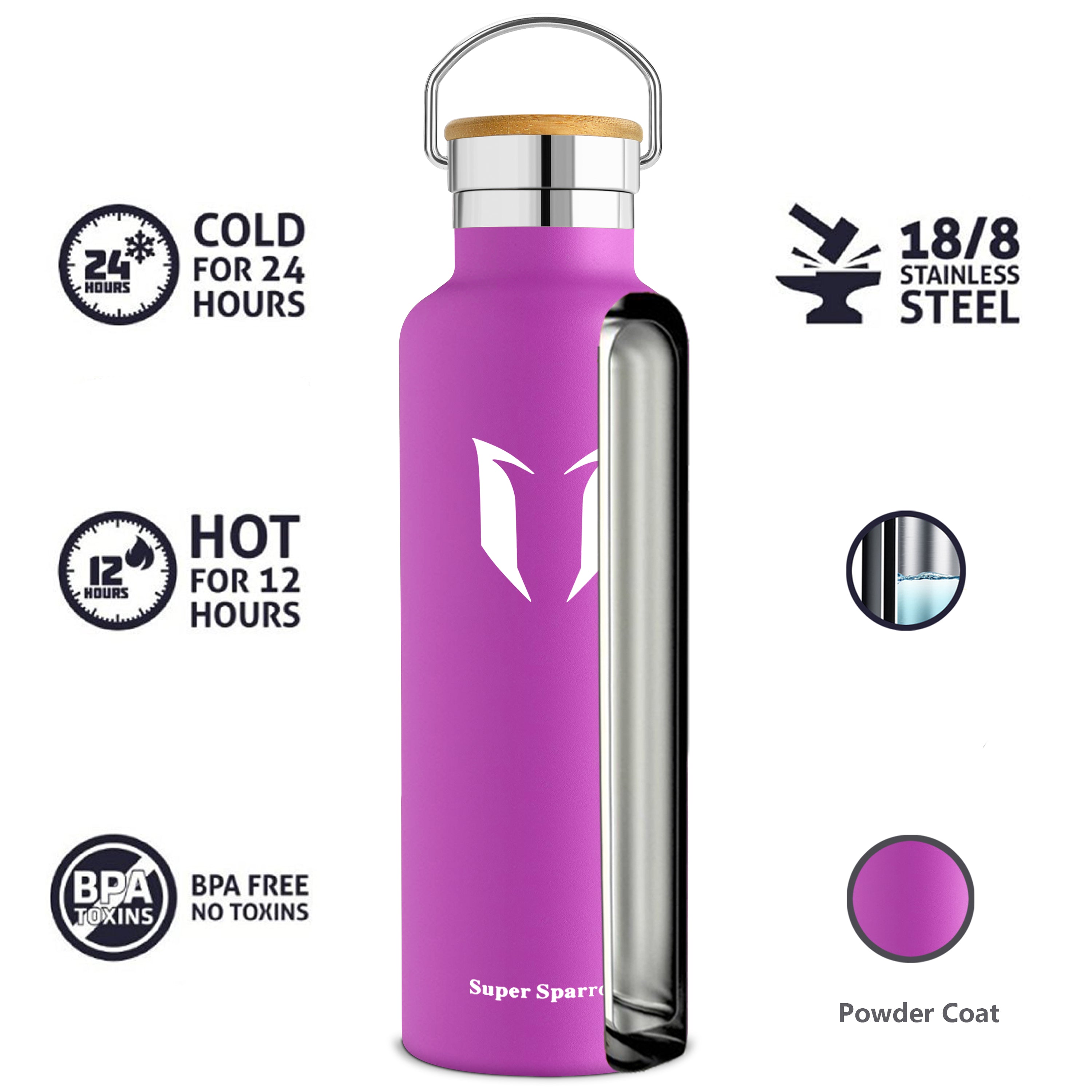 Insulated Stainless Steel Water Bottle, 17OZ / 500ML with two interchangeable caps, showcasing its sleek design and durability.
