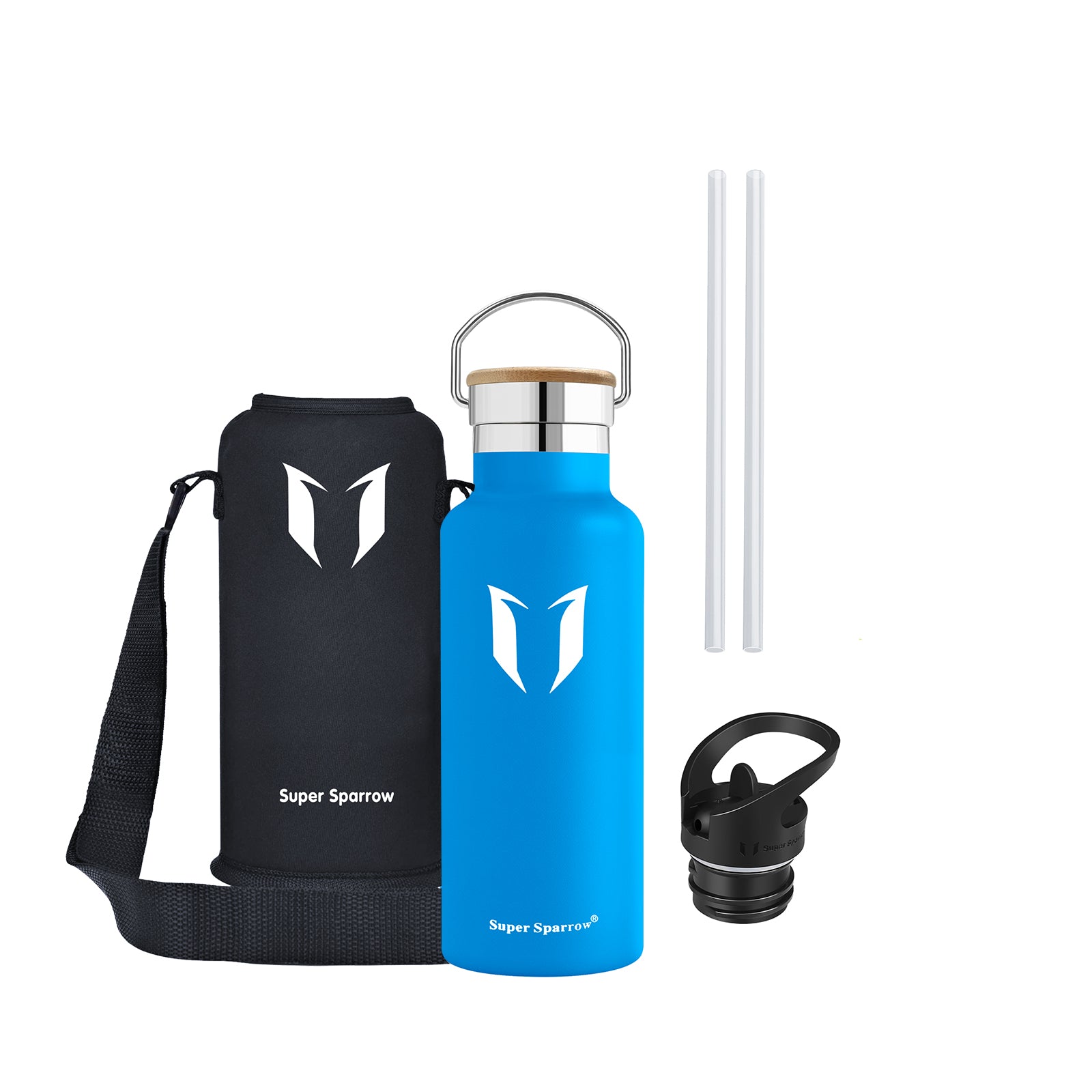 Insulated Stainless Steel Water Bottle, 17OZ / 500ML with two interchangeable caps, showcasing its sleek design and durability.