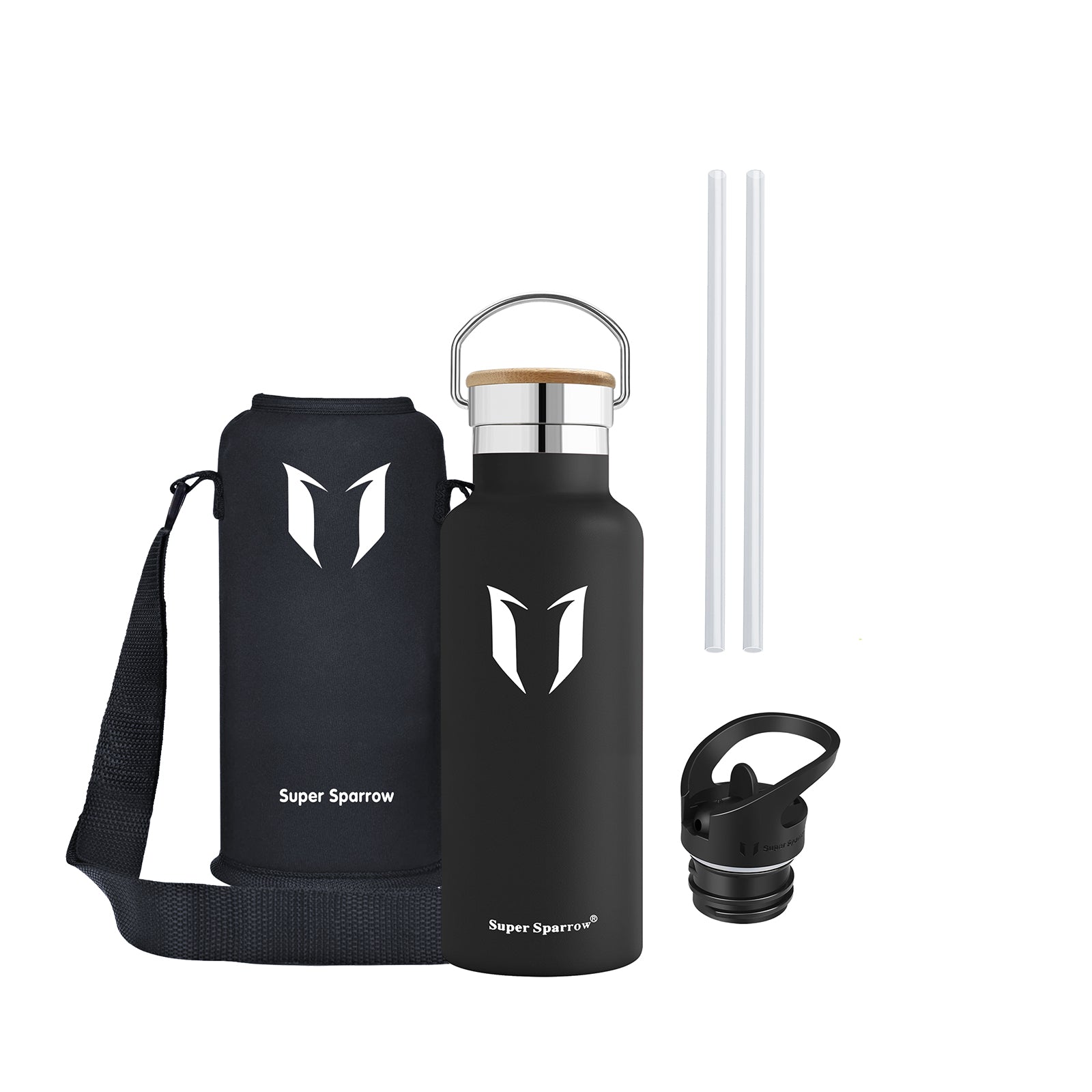 Insulated Stainless Steel Water Bottle, 17OZ / 500ML with two interchangeable caps, showcasing its sleek design and durability.