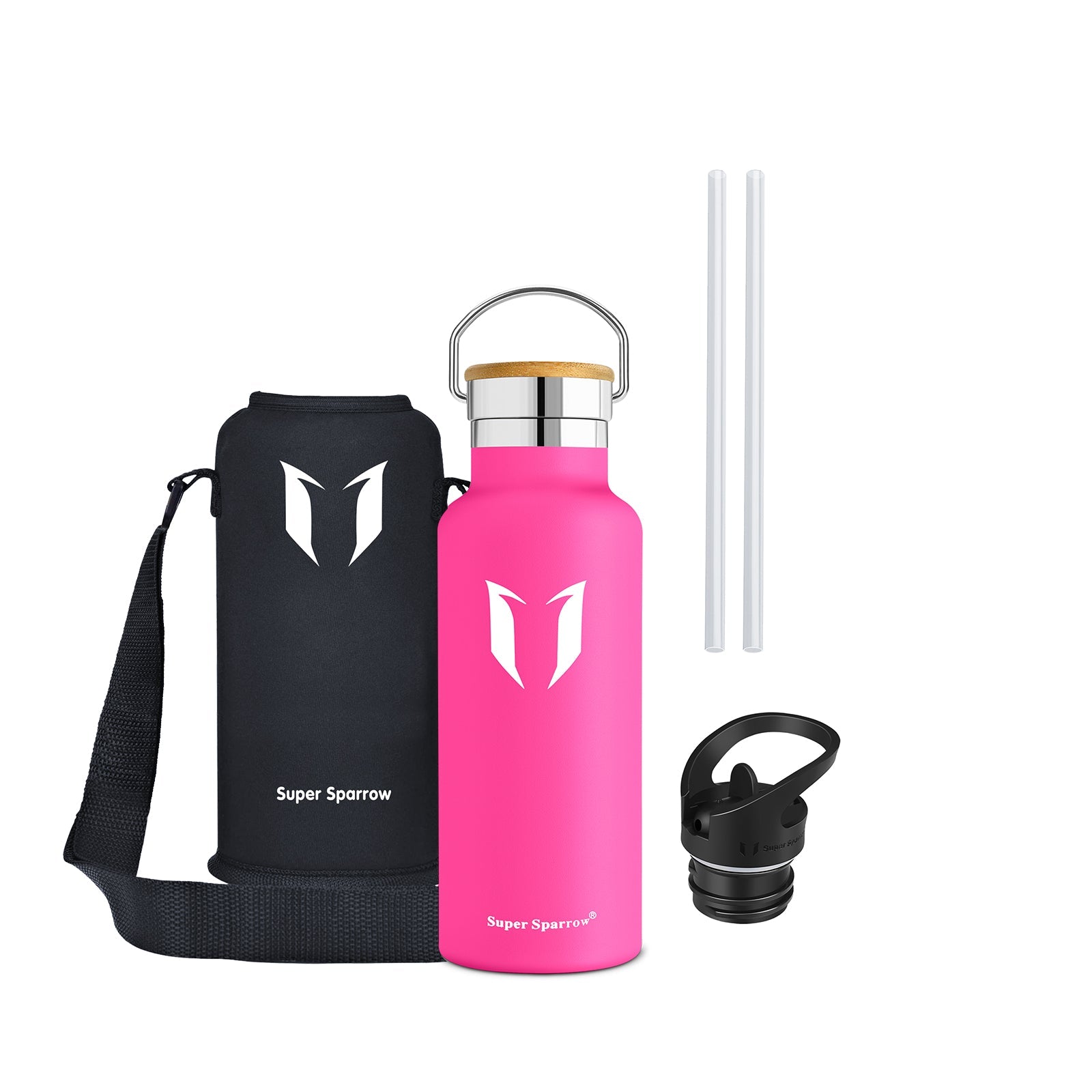 Insulated Stainless Steel Water Bottle, 17OZ / 500ML with two interchangeable caps, showcasing its sleek design and durability.