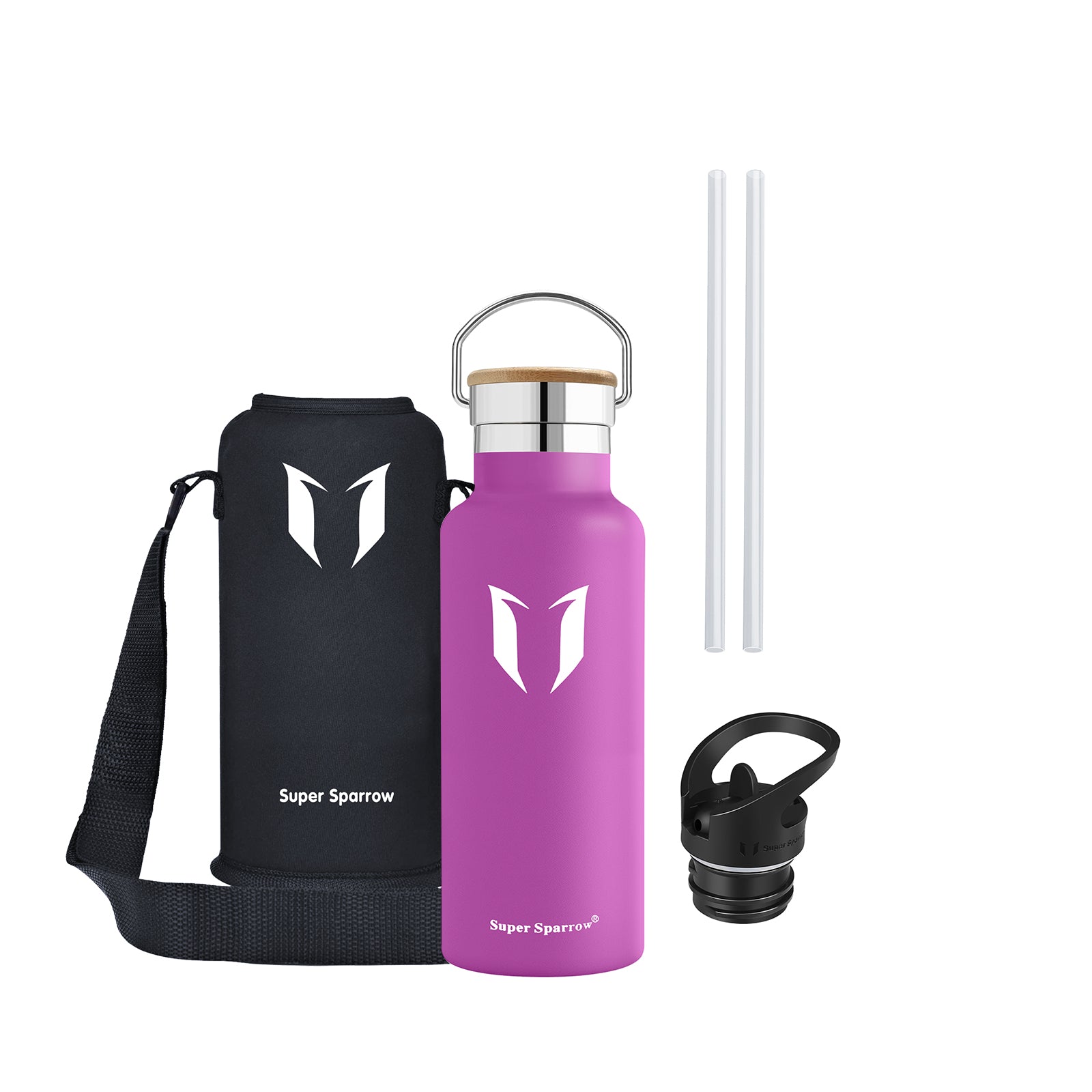 Insulated Stainless Steel Water Bottle, 17OZ / 500ML with two interchangeable caps, showcasing its sleek design and durability.
