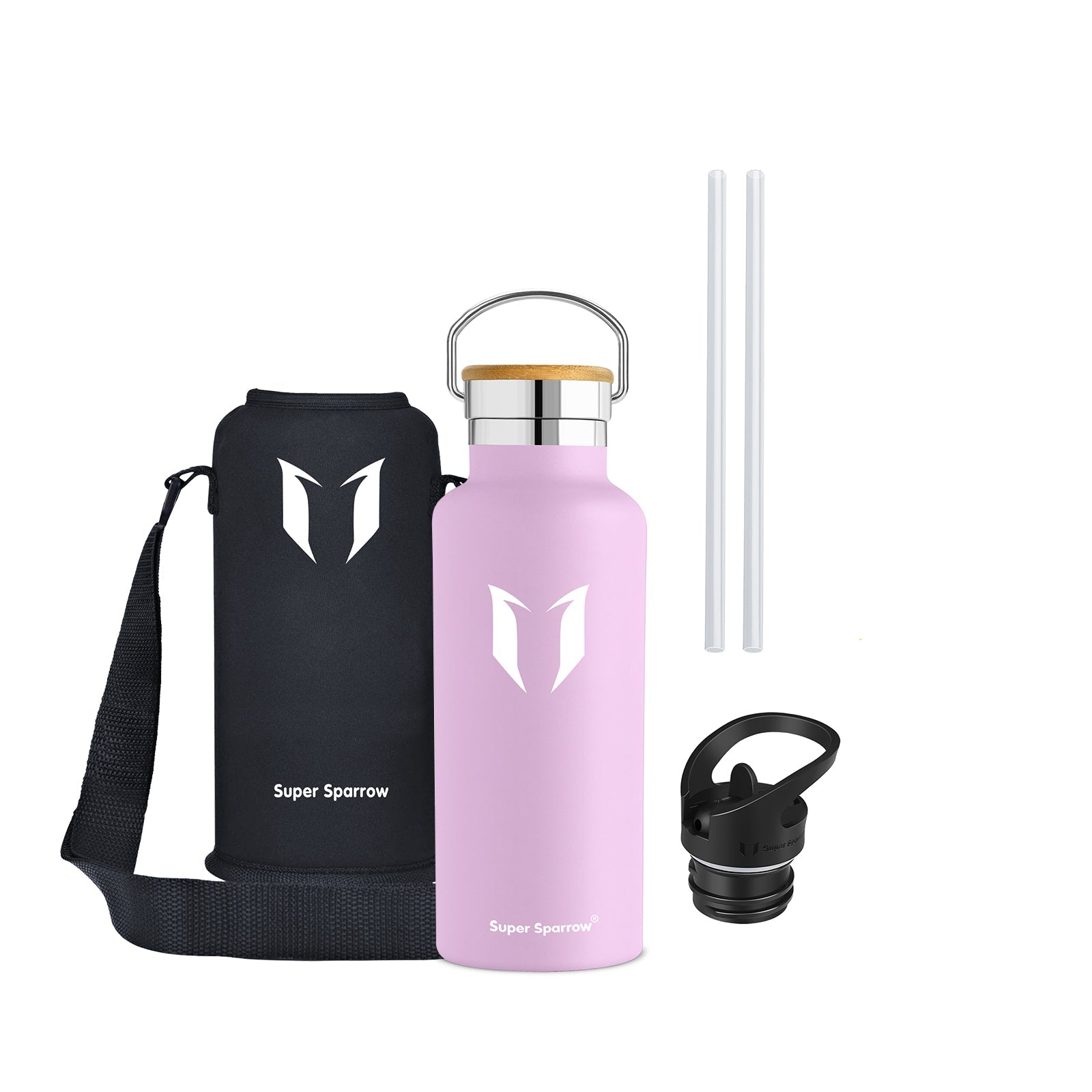 Insulated Stainless Steel Water Bottle, 17OZ / 500ML with two interchangeable caps, showcasing its sleek design and durability.