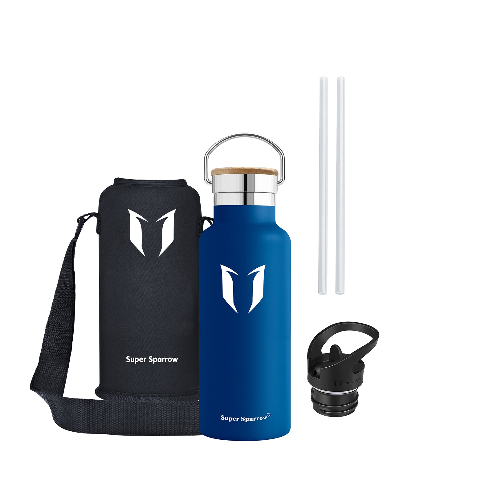 Insulated Stainless Steel Water Bottle, 17OZ / 500ML with two interchangeable caps, showcasing its sleek design and durability.