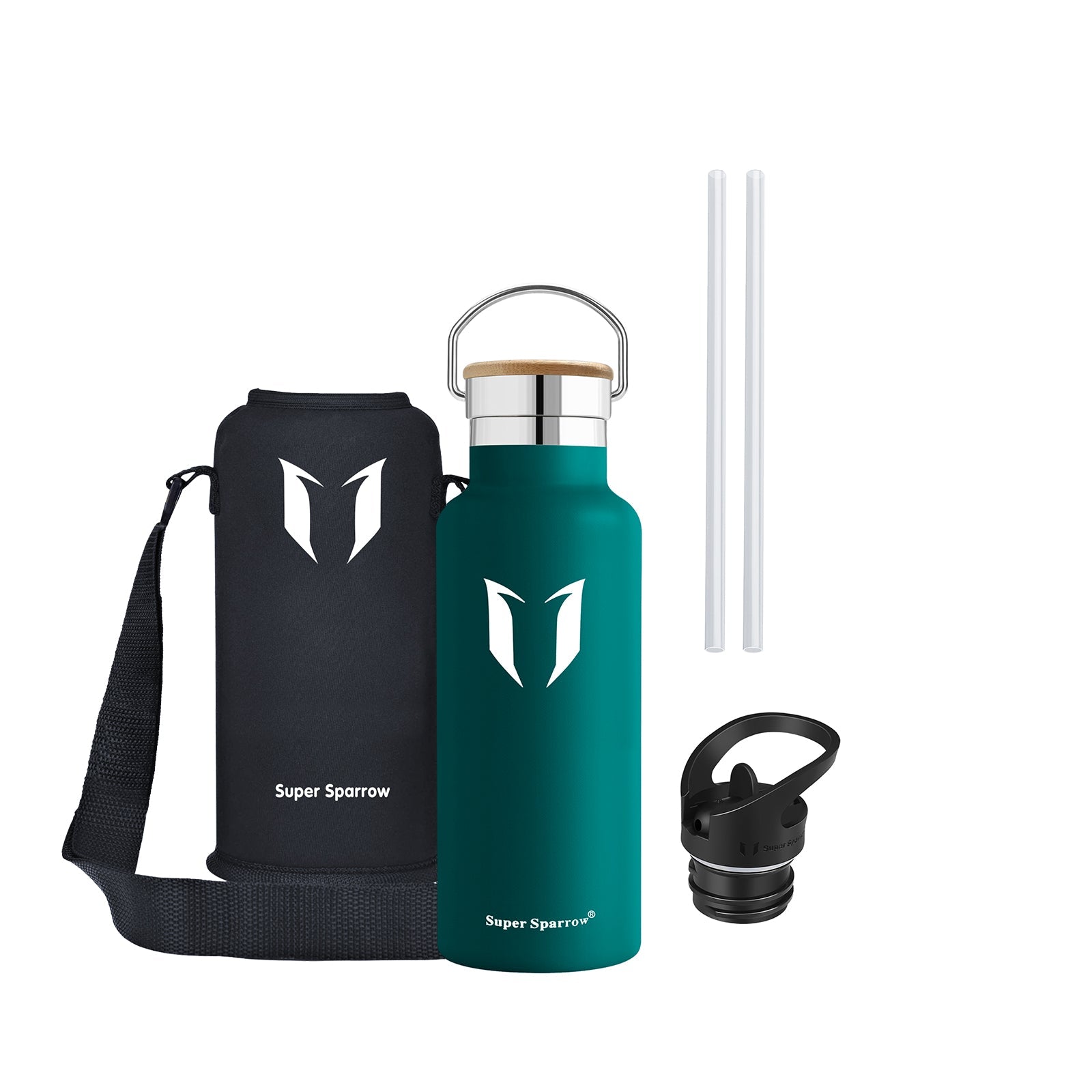 Insulated Stainless Steel Water Bottle, 17OZ / 500ML with two interchangeable caps, showcasing its sleek design and durability.