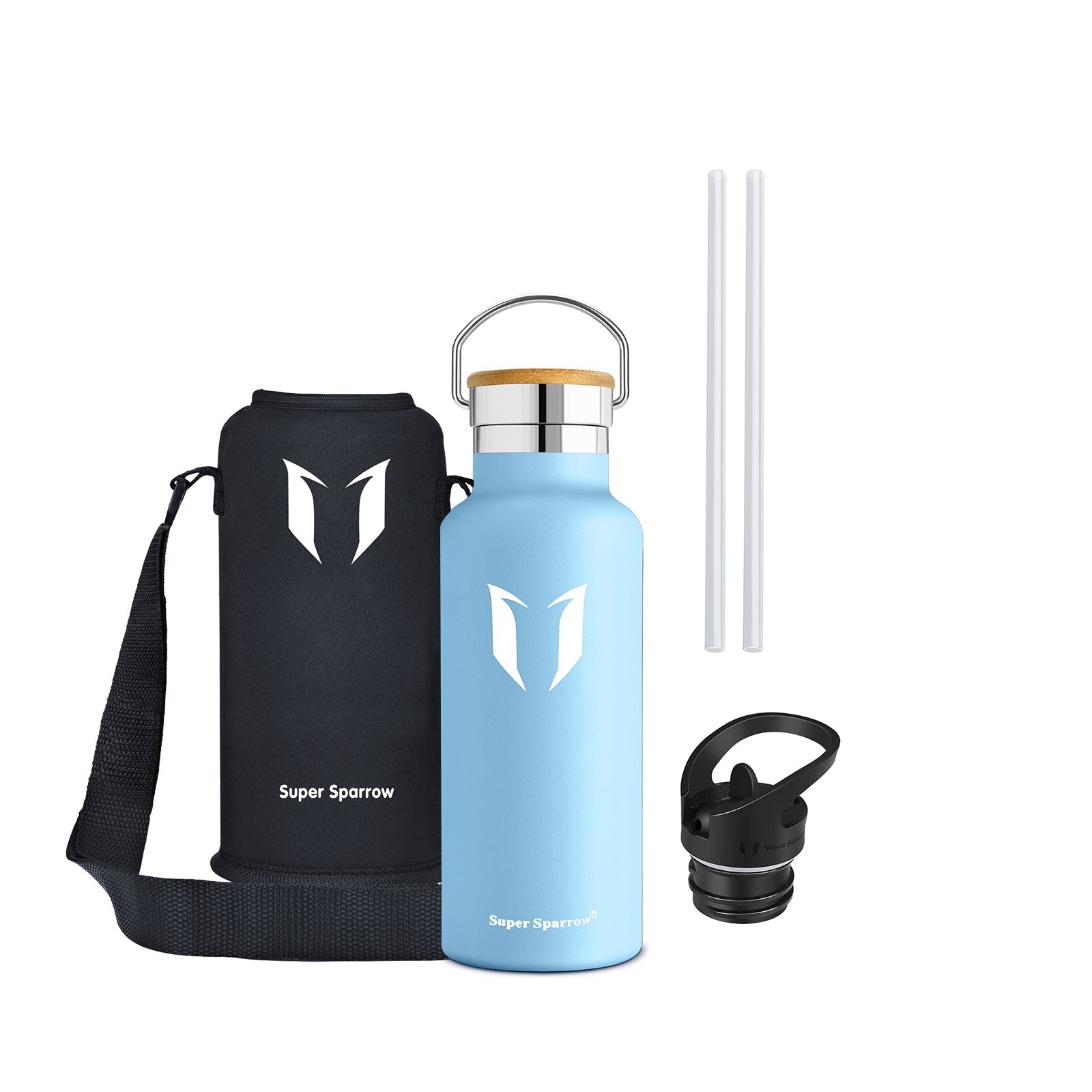 Insulated Stainless Steel Water Bottle, 17OZ / 500ML with two interchangeable caps, showcasing its sleek design and durability.