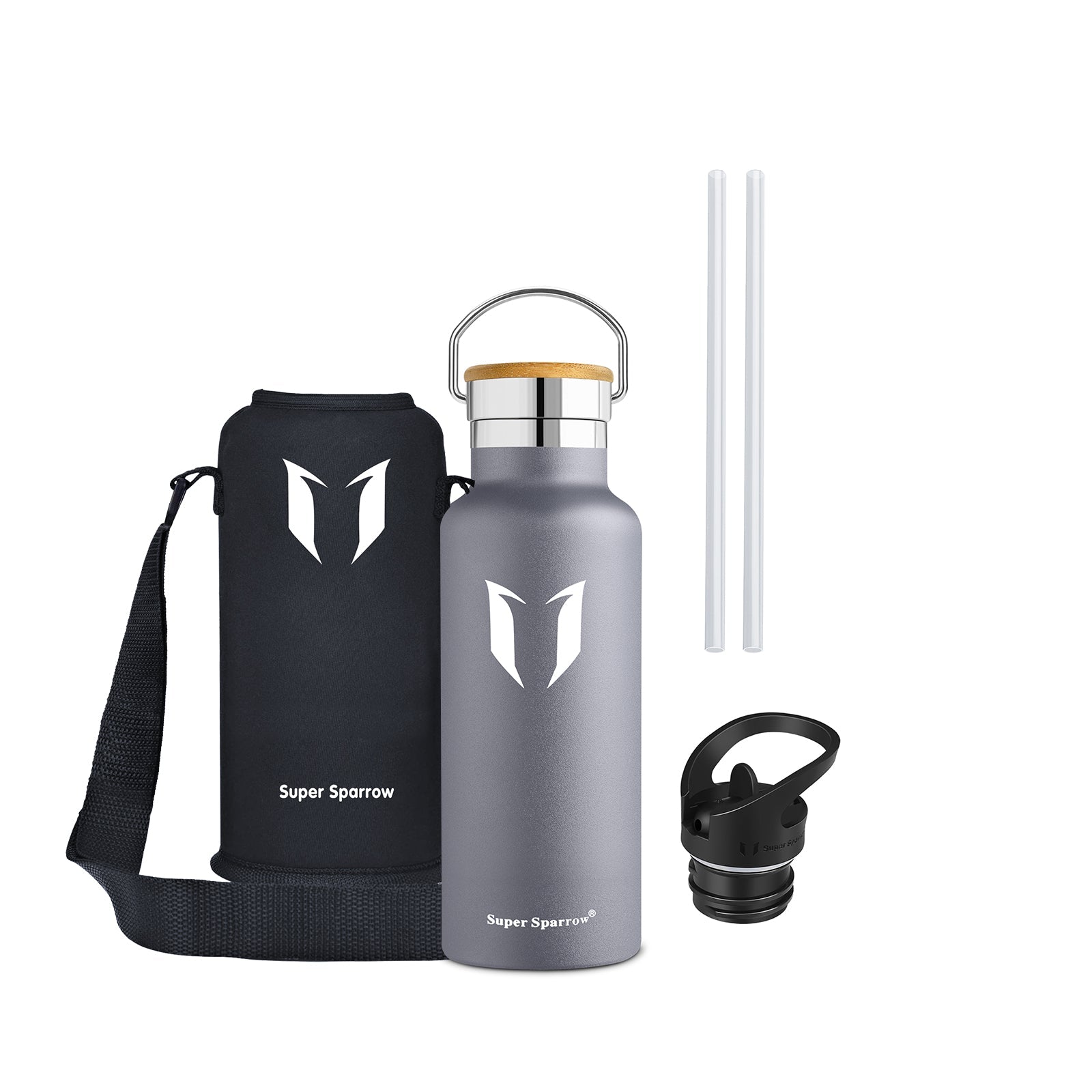 Insulated Stainless Steel Water Bottle, 17OZ / 500ML with two interchangeable caps, showcasing its sleek design and durability.