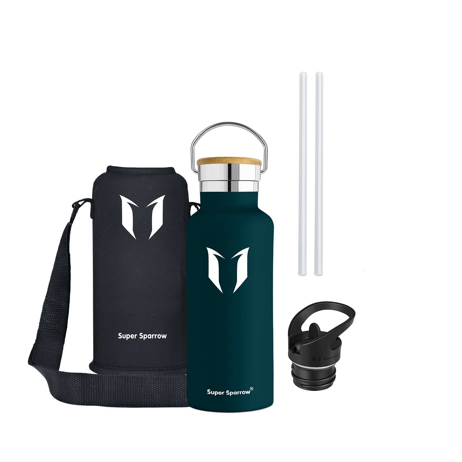 Insulated Stainless Steel Water Bottle, 17OZ / 500ML with two interchangeable caps, showcasing its sleek design and durability.