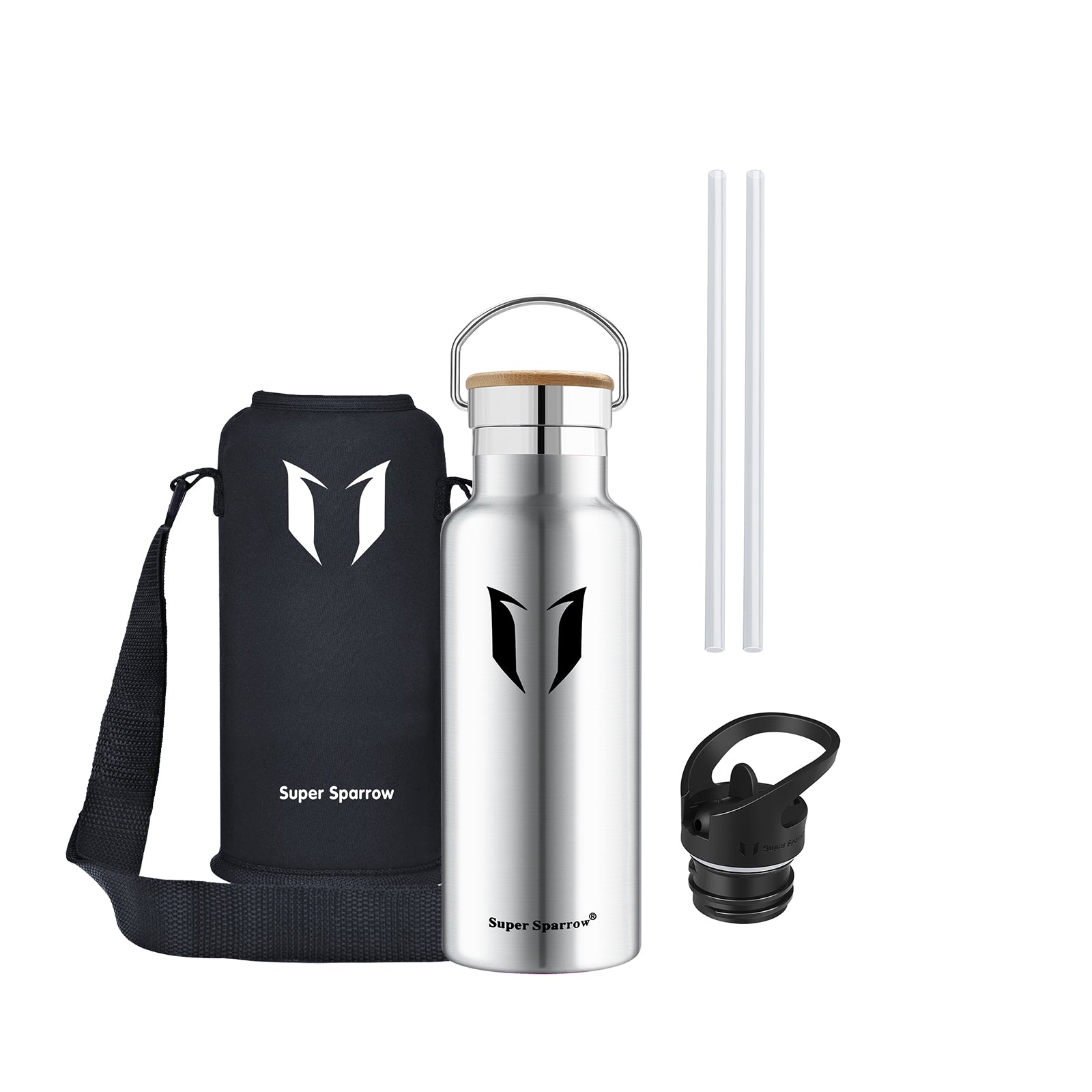 Insulated Stainless Steel Water Bottle, 17OZ / 500ML with two interchangeable caps, showcasing its sleek design and durability.