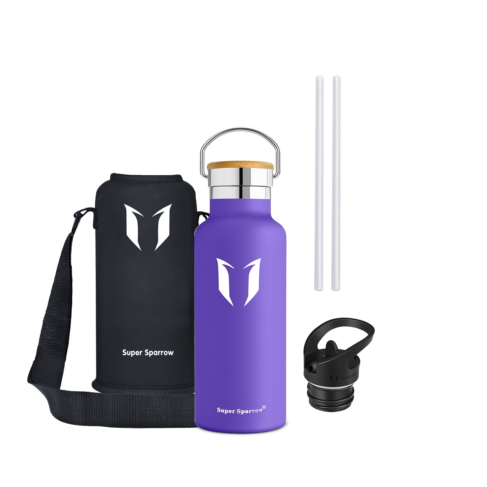 Insulated Stainless Steel Water Bottle, 17OZ / 500ML with two interchangeable caps, showcasing its sleek design and durability.