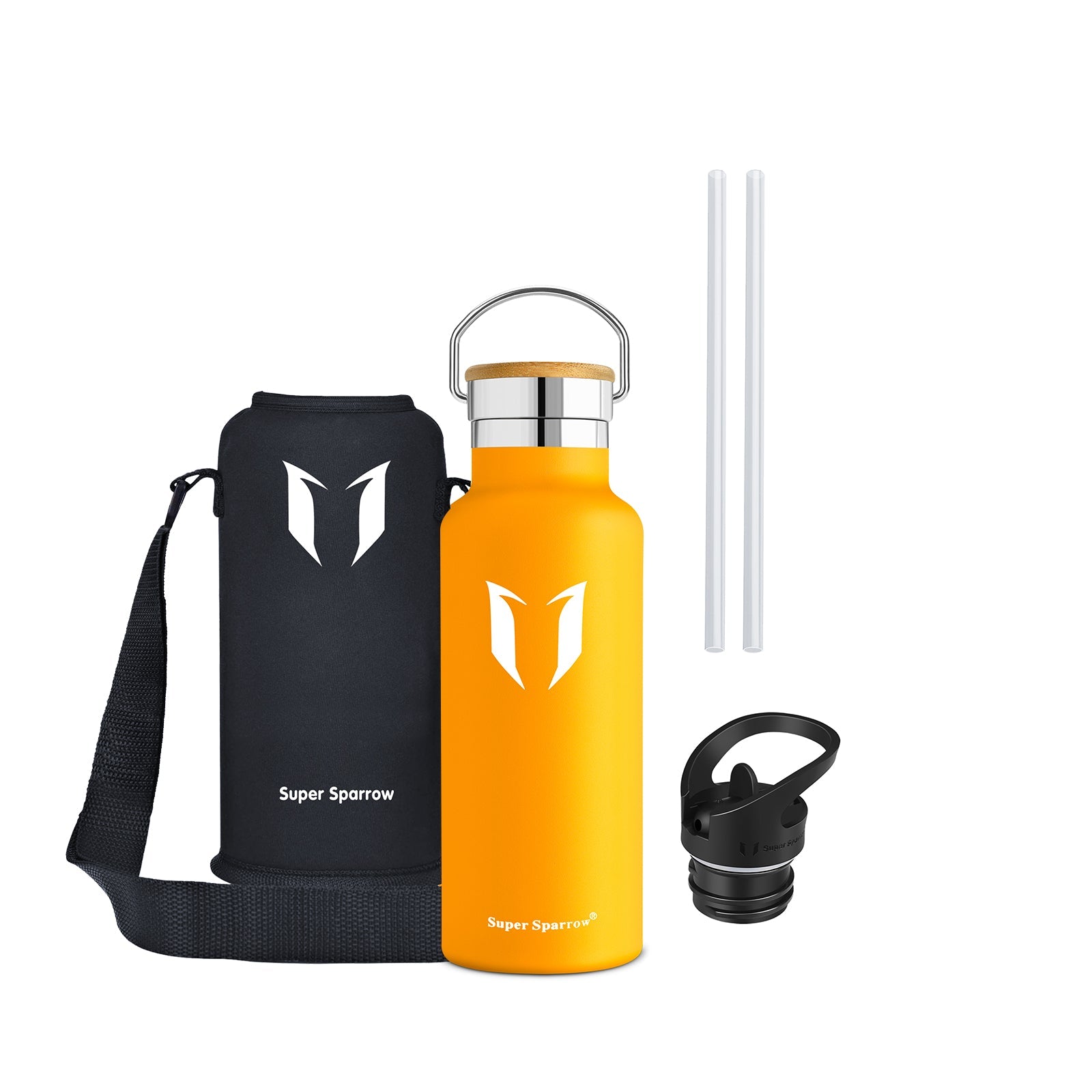 Insulated Stainless Steel Water Bottle, 17OZ / 500ML with two interchangeable caps, showcasing its sleek design and durability.