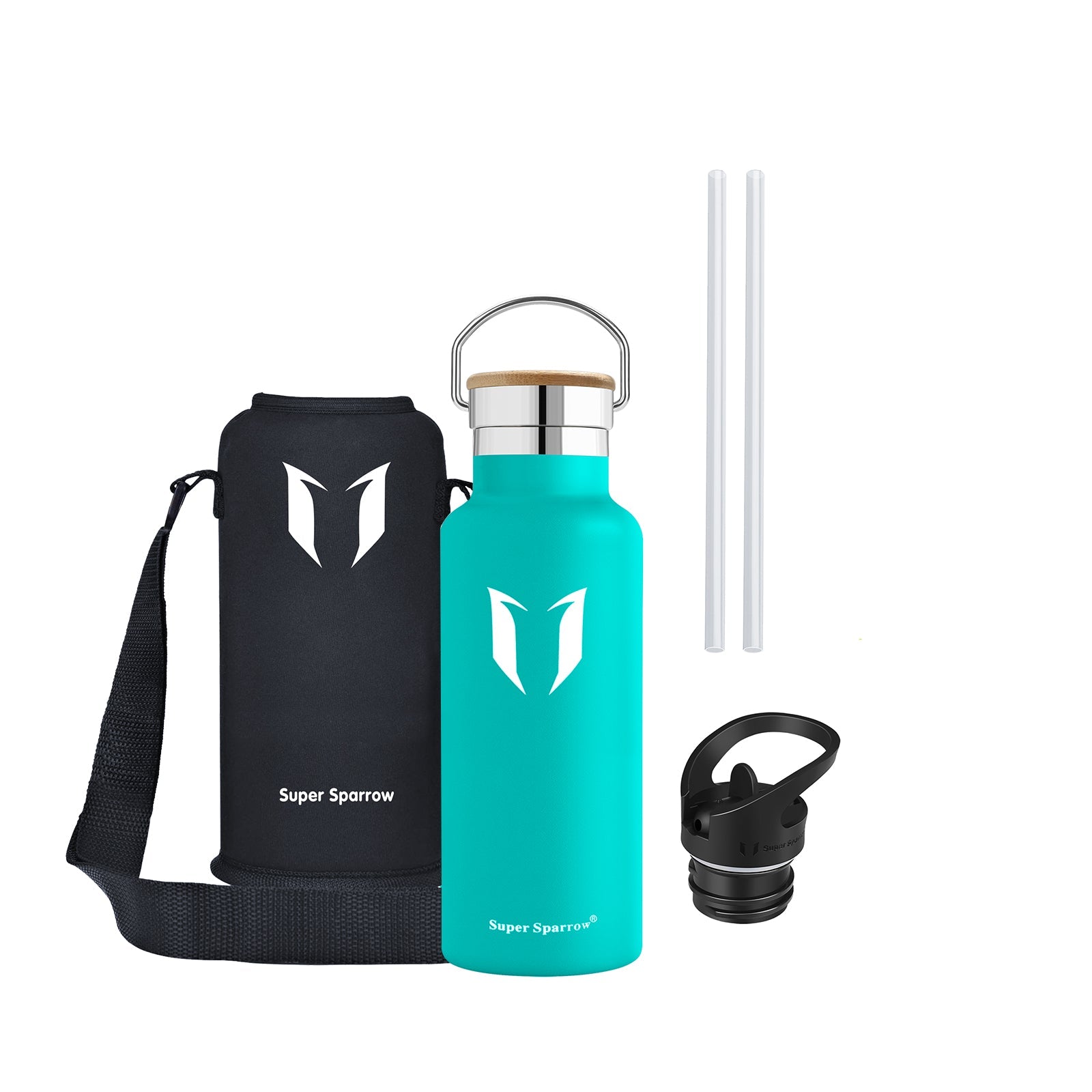 Insulated Stainless Steel Water Bottle, 17OZ / 500ML with two interchangeable caps, showcasing its sleek design and durability.