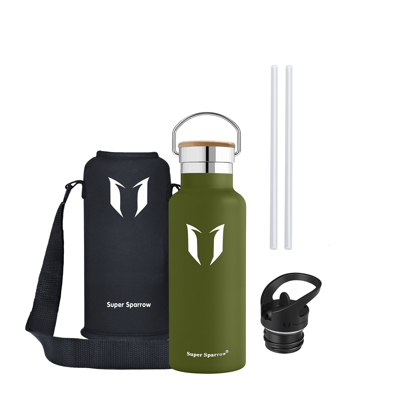 Insulated Stainless Steel Water Bottle, 17OZ / 500ML with two interchangeable caps, showcasing its sleek design and durability.