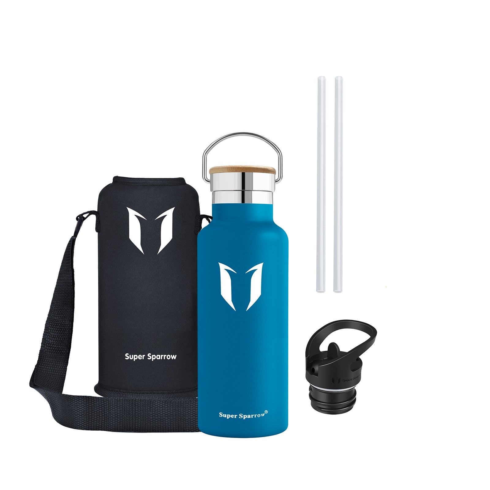 Insulated Stainless Steel Water Bottle, 17OZ / 500ML with two interchangeable caps, showcasing its sleek design and durability.