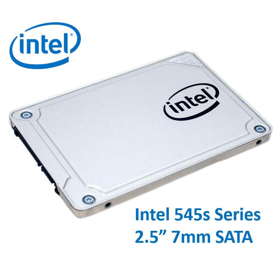 Intel 545s Series 256GB SSD in a retail box, showcasing its 2.5-inch form factor and sleek design.