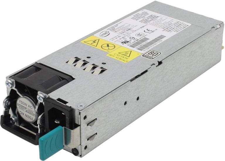 INTEL 750W Redundant Plat PSU showcasing its compact design and power output specifications.