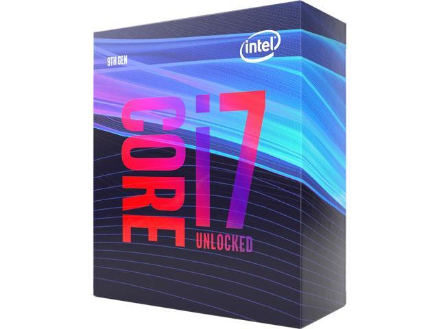 INTEL Core i7-9700K processor with 8 cores and 4.9GHz turbo speed, showcasing its LGA1151 socket design.