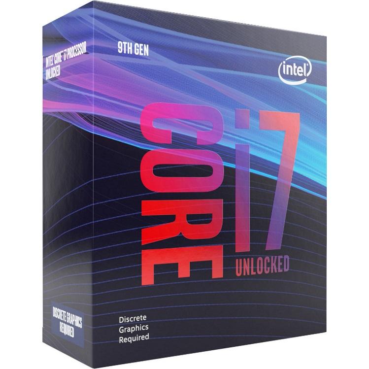 INTEL Core i7-9700KF CPU with 8 cores and 4.9GHz turbo boost, showcasing its sleek design and LGA1151 socket.