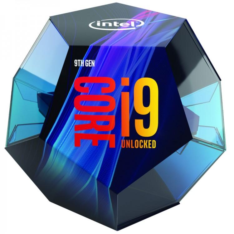 INTEL Core i9-9900K processor with 8 cores and 5.0GHz turbo frequency, showcasing its sleek design and advanced technology.