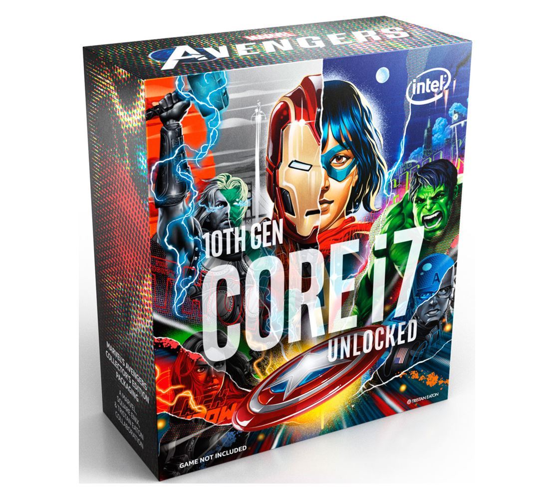 Intel Core i7-10700K Avengers CPU with 8 cores and 16 threads, showcasing its sleek design and LGA1200 socket compatibility.