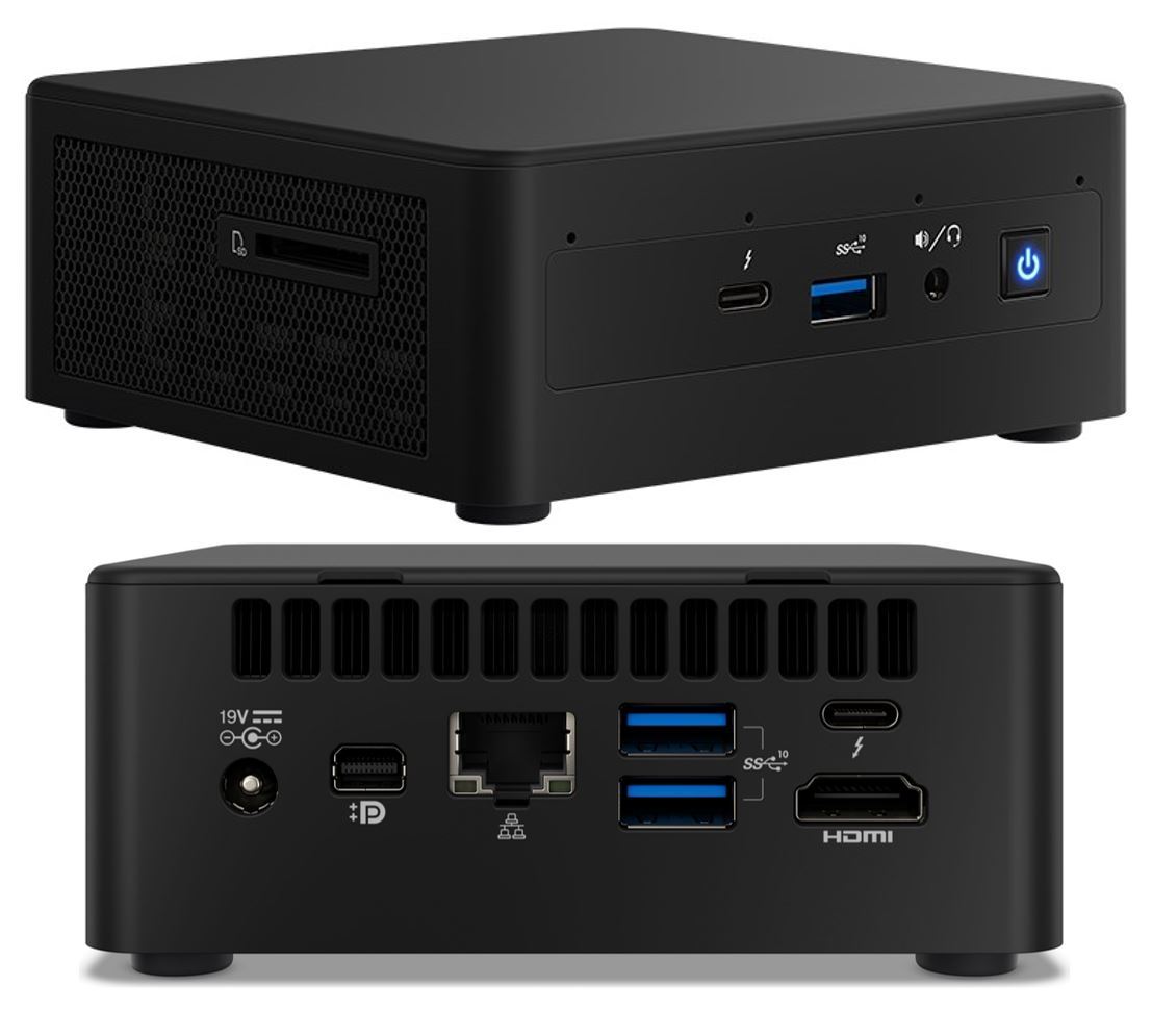 Intel NUC 11 mini PC Kit featuring i7-1165G7 processor, compact design with multiple ports and connectivity options.