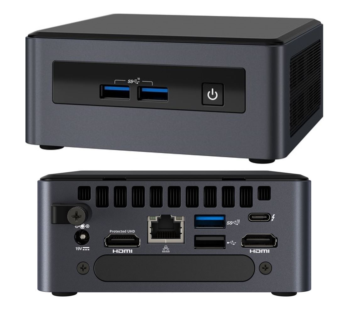 Intel NUC 8 Pro Kit Mini PC showcasing its compact design and ports.