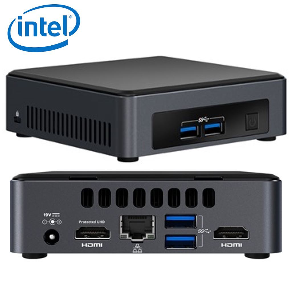 Intel NUC mini PC i3-7100U with dual HDMI ports and compact design, ideal for digital signage and thin client applications.