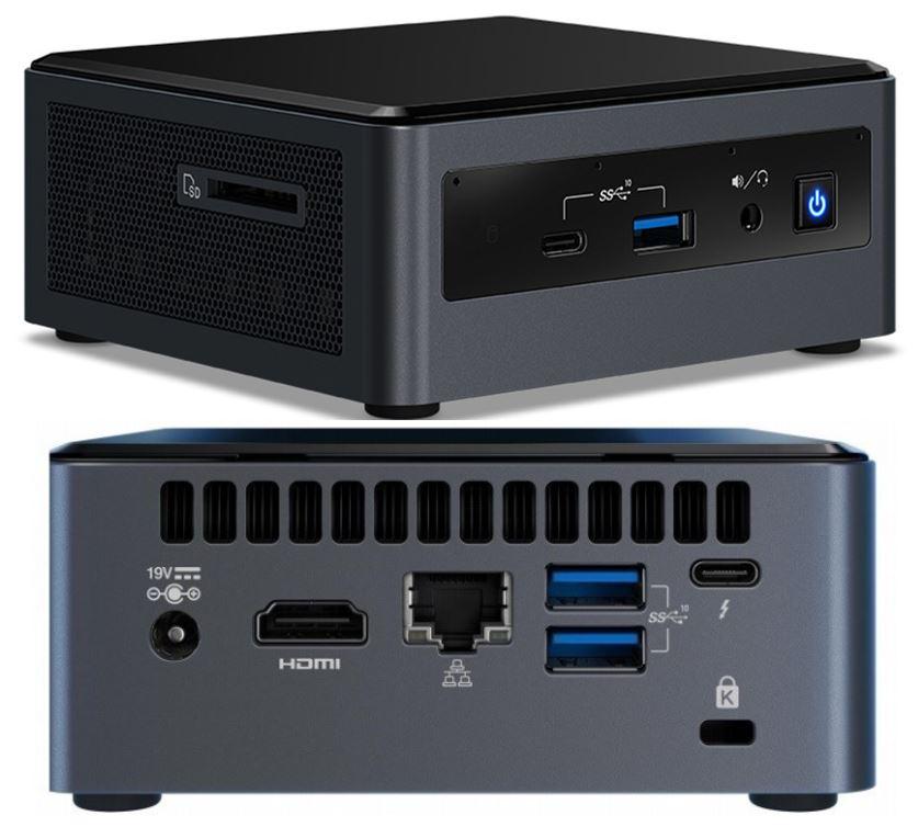 Intel NUC mini PC i7-10710U showcasing its compact design and multiple connectivity ports.