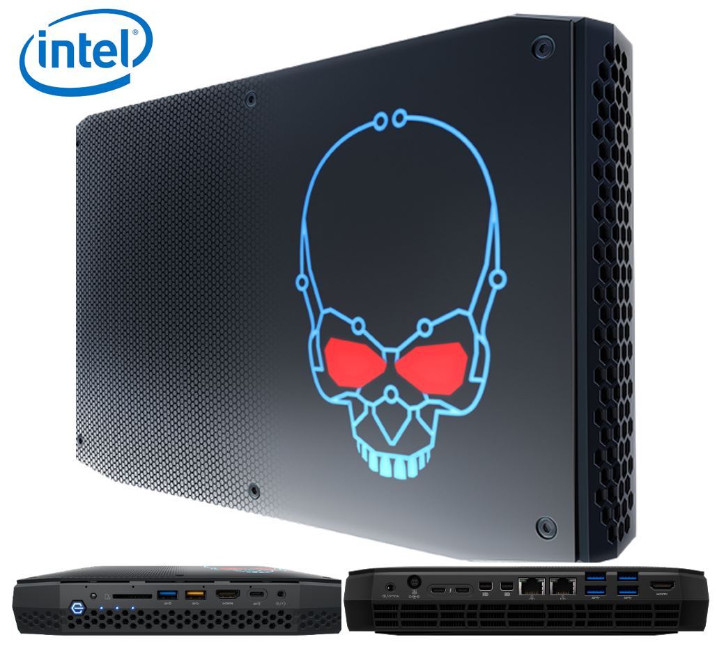 INTEL NUC mini PC i7-8809G with Radeon RX Vega graphics, showcasing its compact design and multiple connectivity ports.