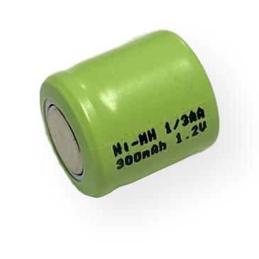 IP Power 1/3AA 300mAh Ni-Mh rechargeable flat top battery, showcasing its compact size and flat terminal design.