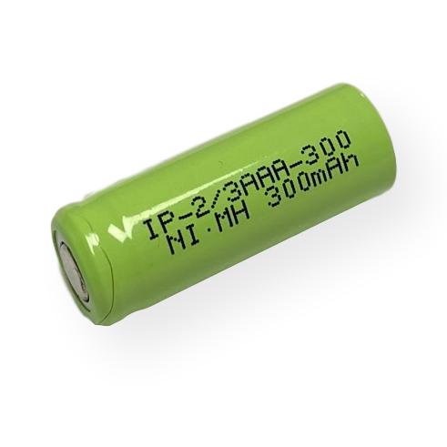 IP Power 2/3AAA 300mAh Ni-Mh rechargeable flat top battery with plastic sleeve, showcasing its compact size and design.