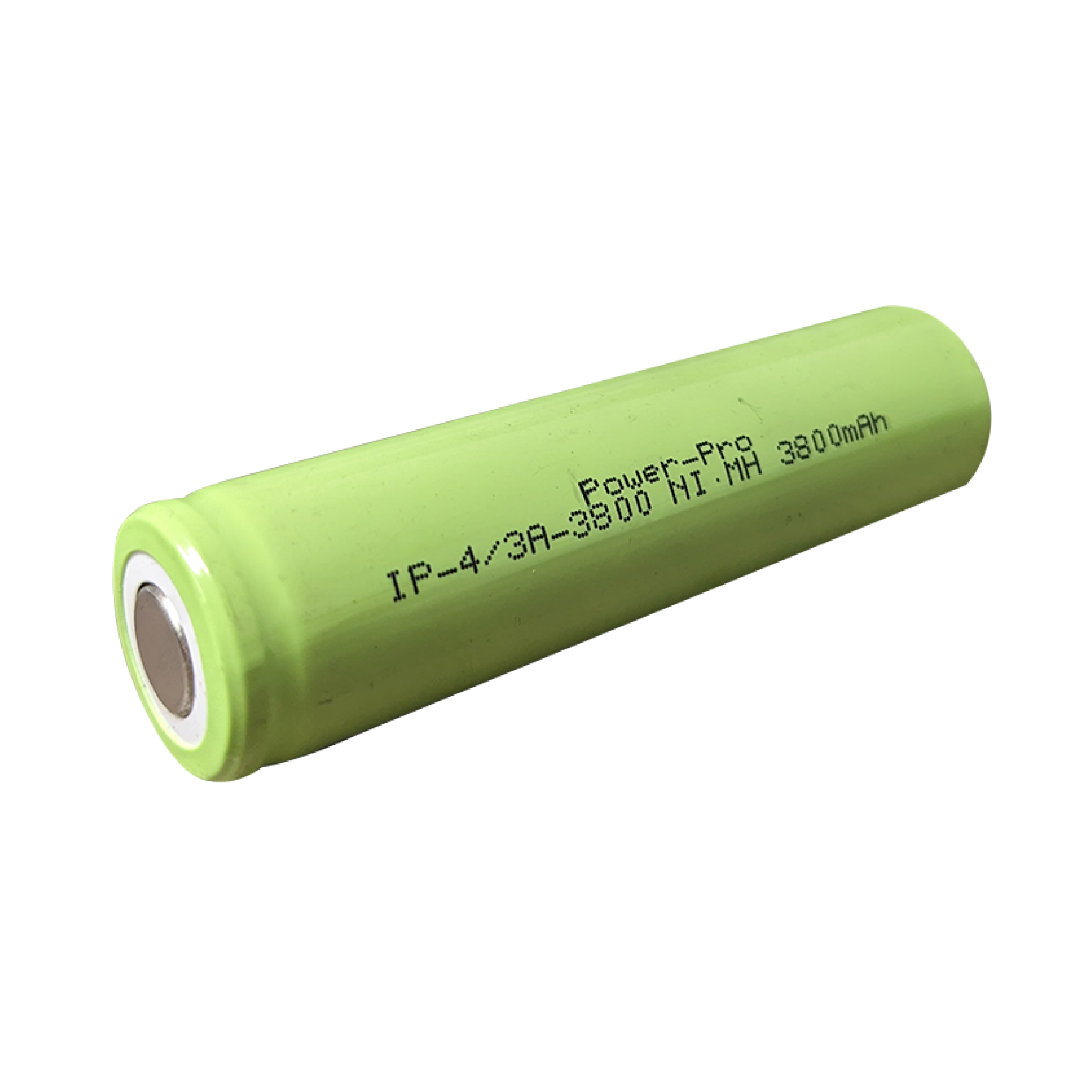 IP Power 4/3 A Ni-MH 3800mAh rechargeable battery with flat top terminal, showcasing its compact size and design.