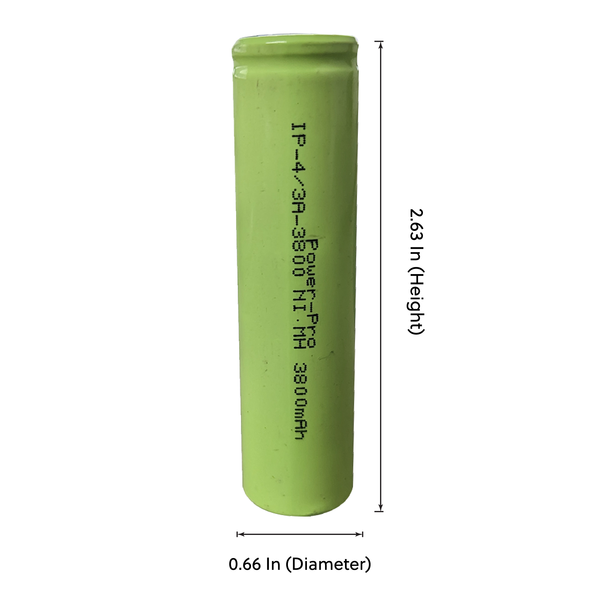 IP Power 4/3 A Ni-MH 3800mAh rechargeable battery with flat top terminal, showcasing its compact size and design.