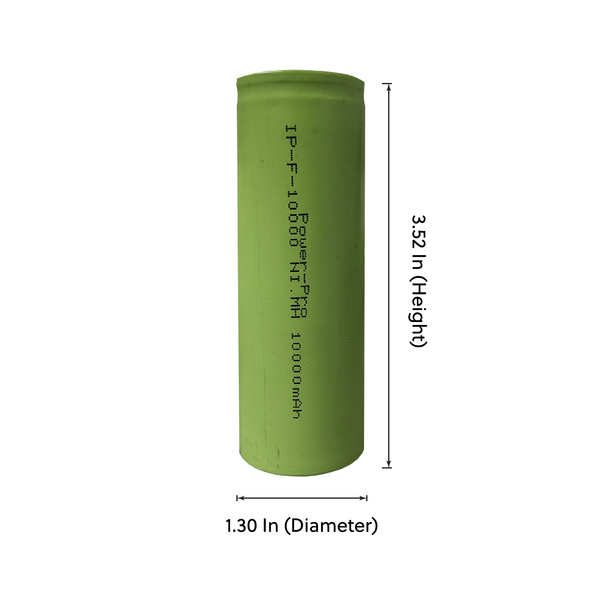IP Power F Ni-Mh 10000mAh Rechargeable Flat Top battery with specifications and dimensions.