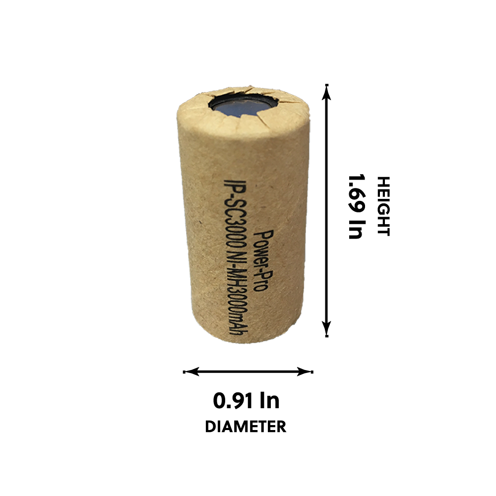 IP Power High Rate Sub C Ni-Mh 3000mAh battery, showcasing its compact size and specifications.
