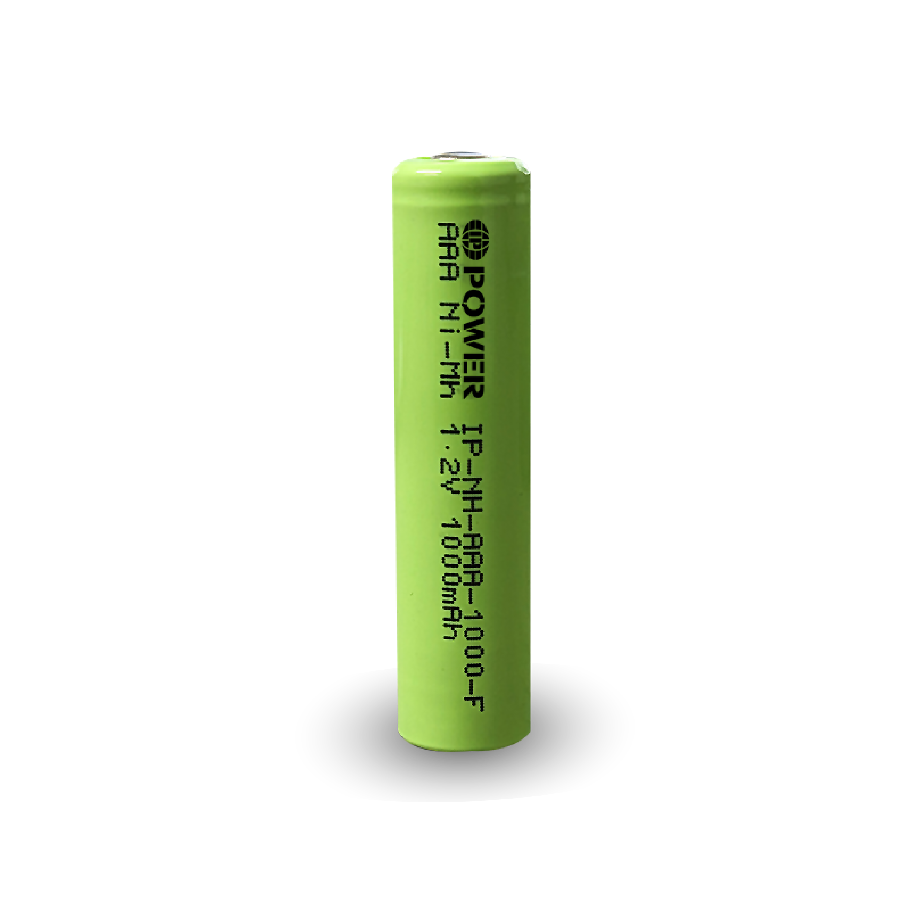 IP Power Ni-Mh AAA 1000mAh rechargeable battery with flat top design, showcasing its compact size and specifications.