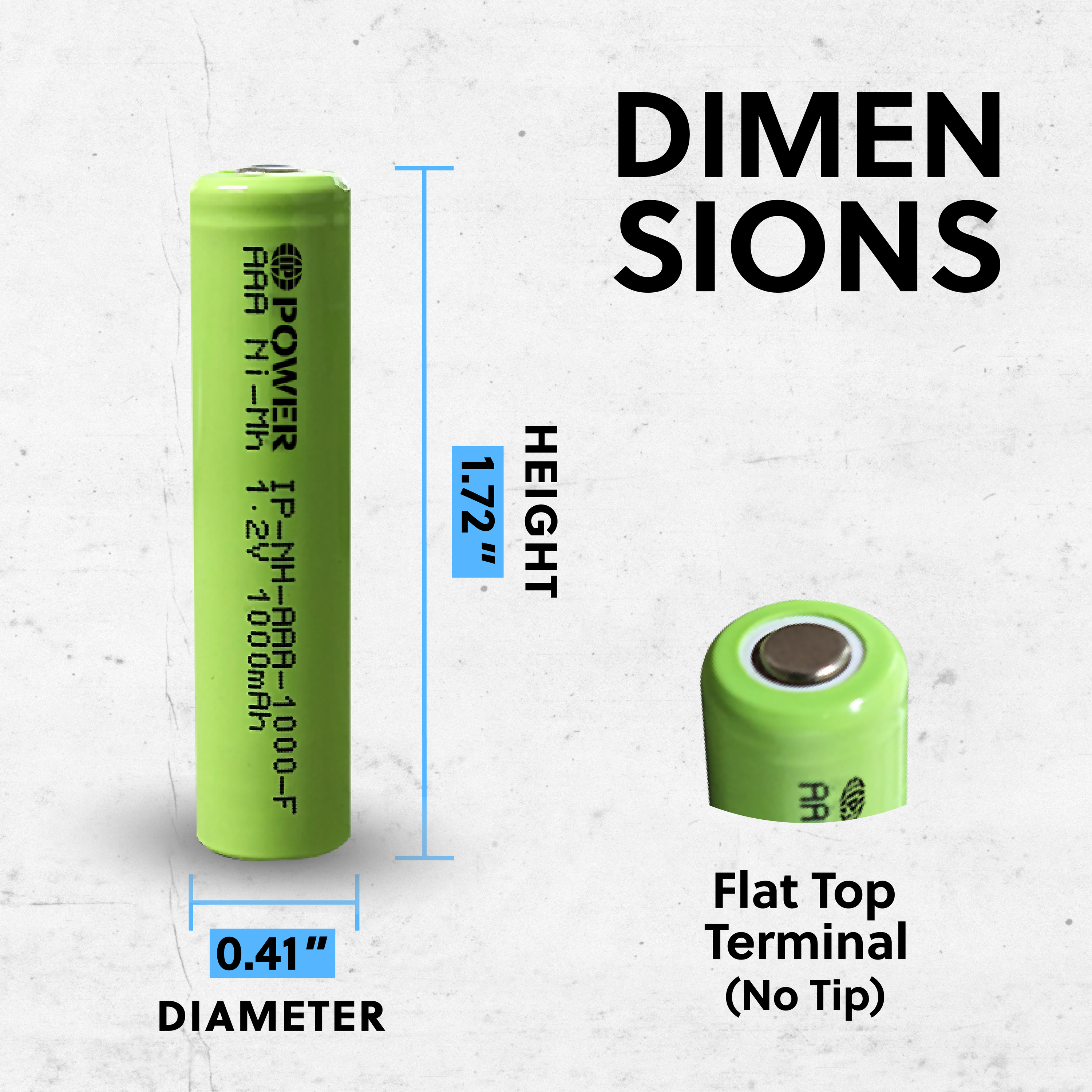 IP Power Ni-Mh AAA 1000mAh rechargeable battery with flat top design, showcasing its compact size and specifications.
