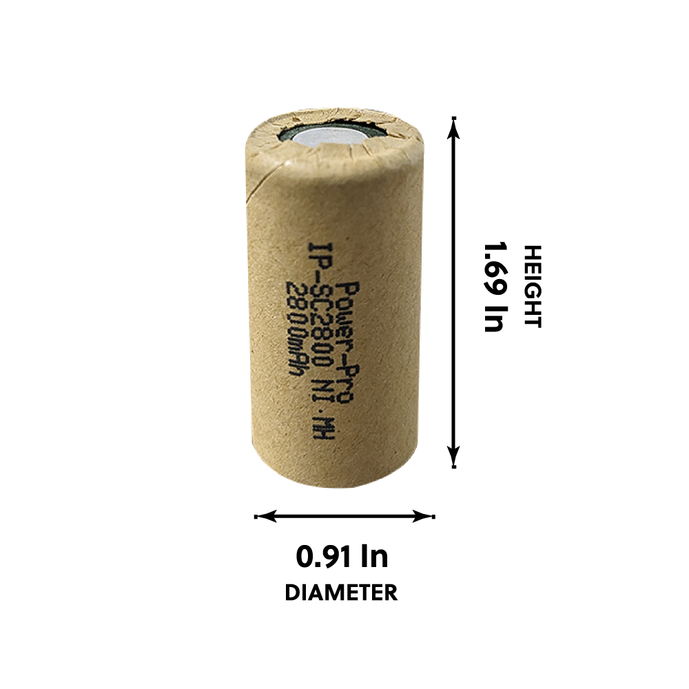 IP Power Ni-Mh Sub C 2800mAh Flat Top battery with flat top design, showcasing its dimensions and specifications.