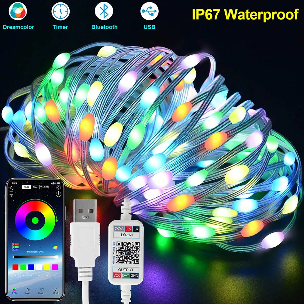 IP67 Smart Light Garland LED String Lights with Bluetooth control, showcasing colorful LED lights on a flexible PVC wire, perfect for indoor and outdoor decoration.