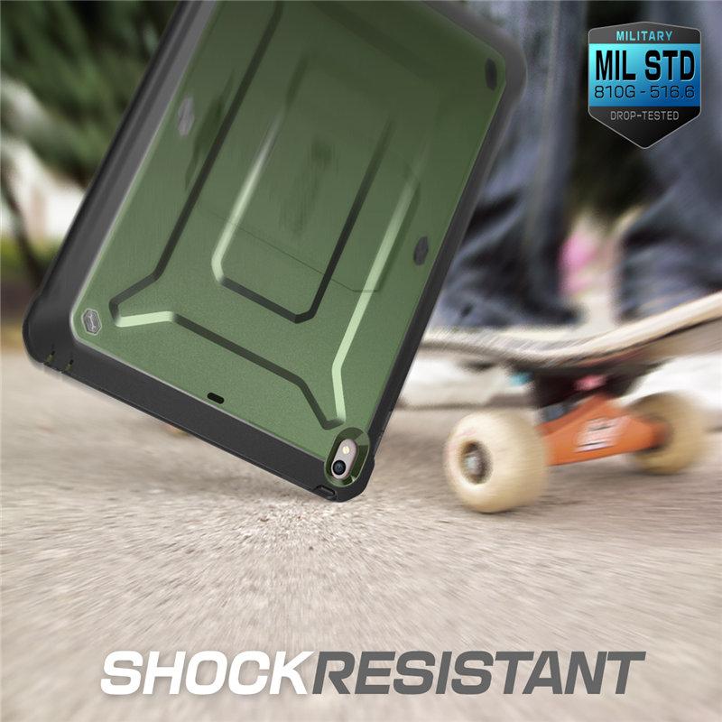 iPad Air 3 and iPad Pro 10.5 case in various colors, showcasing its rugged design and built-in screen protector.