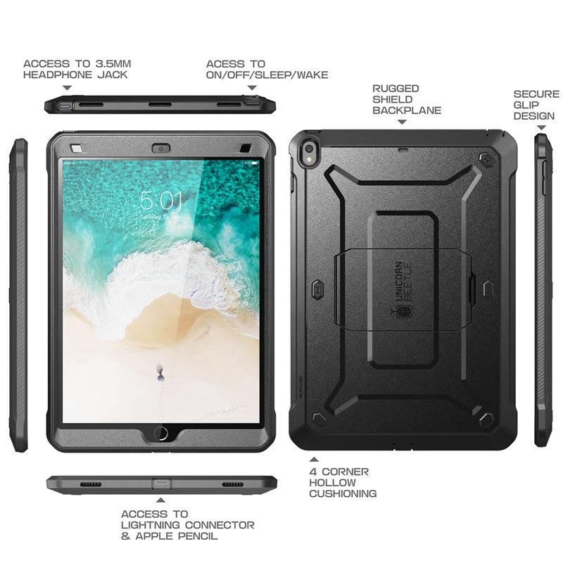 iPad Air 3 and iPad Pro 10.5 case in various colors, showcasing its rugged design and built-in screen protector.