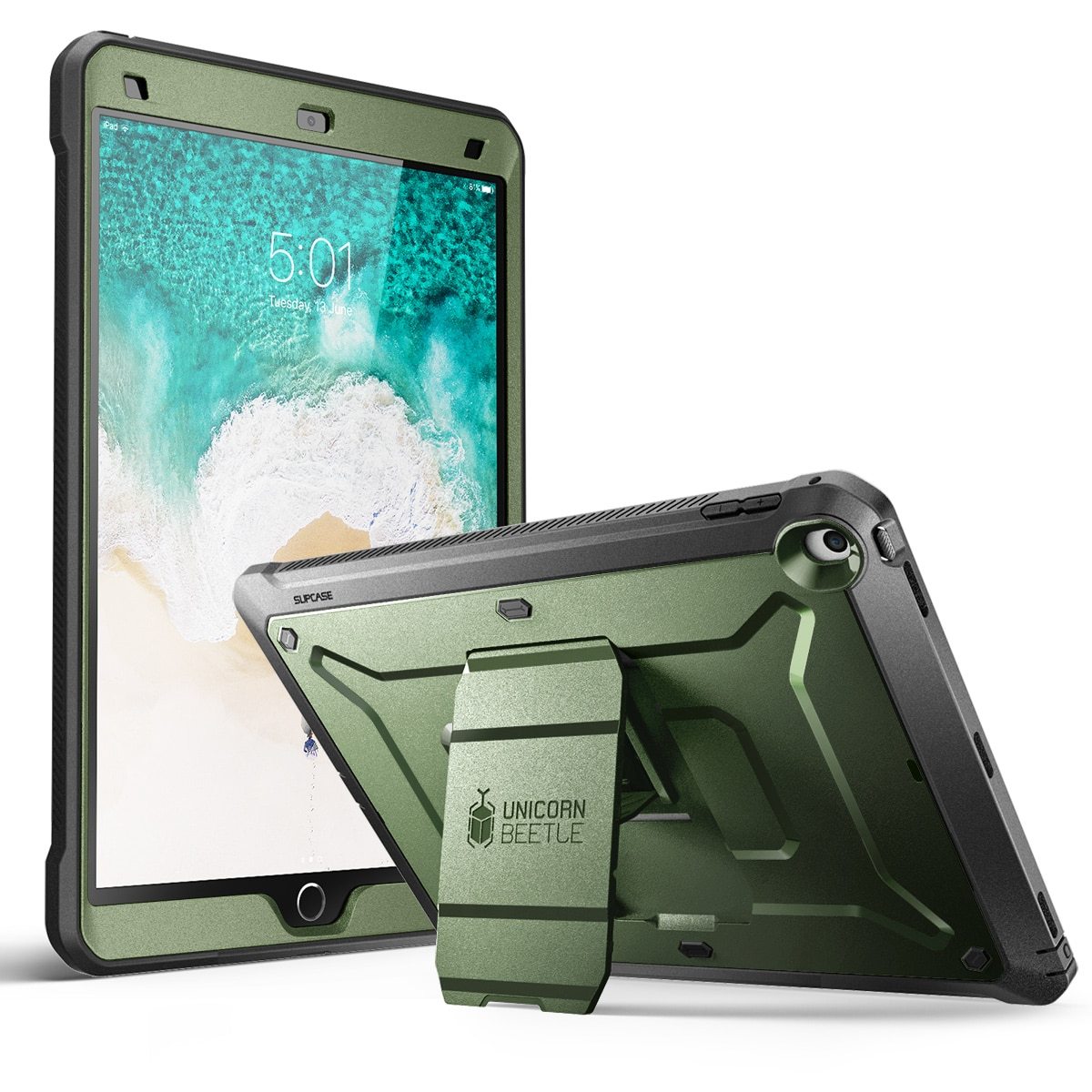 iPad Air 3 and iPad Pro 10.5 case in various colors, showcasing its rugged design and built-in screen protector.