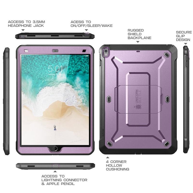 iPad Air 3 and iPad Pro 10.5 case in various colors, showcasing its rugged design and built-in screen protector.