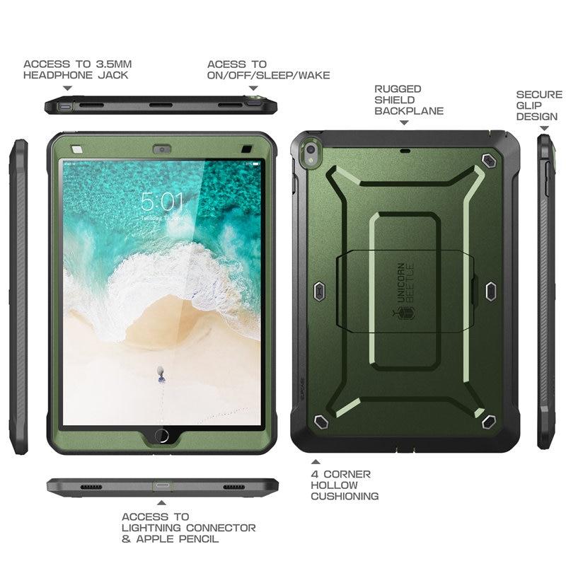 iPad Air 3 and iPad Pro 10.5 case in various colors, showcasing its rugged design and built-in screen protector.