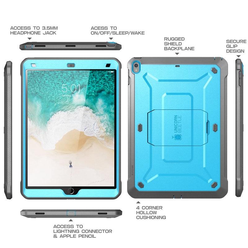 iPad Air 3 and iPad Pro 10.5 case in various colors, showcasing its rugged design and built-in screen protector.