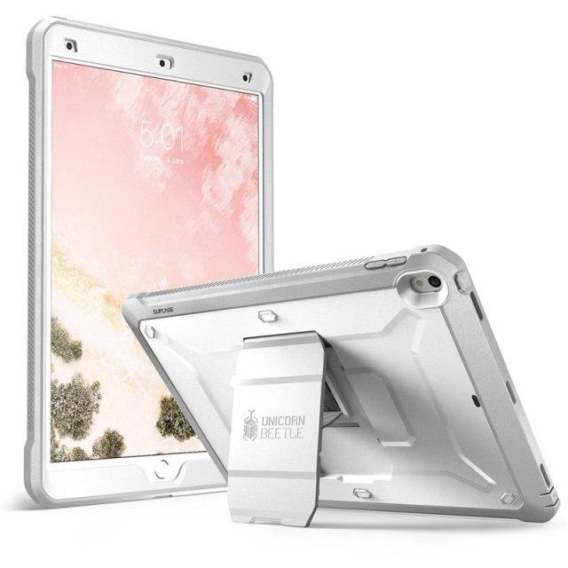 iPad Air 3 and iPad Pro 10.5 case in various colors, showcasing its rugged design and built-in screen protector.