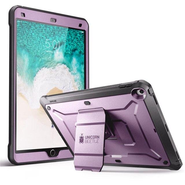 iPad Air 3 and iPad Pro 10.5 case in various colors, showcasing its rugged design and built-in screen protector.