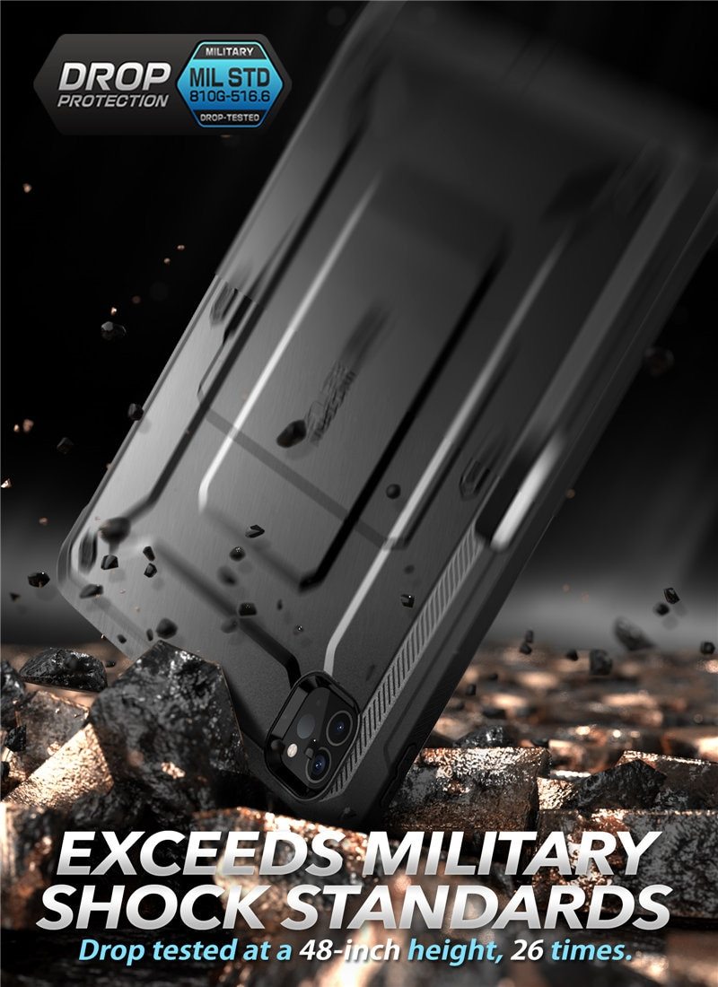 iPad Pro 11 (2020) UB Pro Case in black, showcasing rugged design and built-in screen protector.