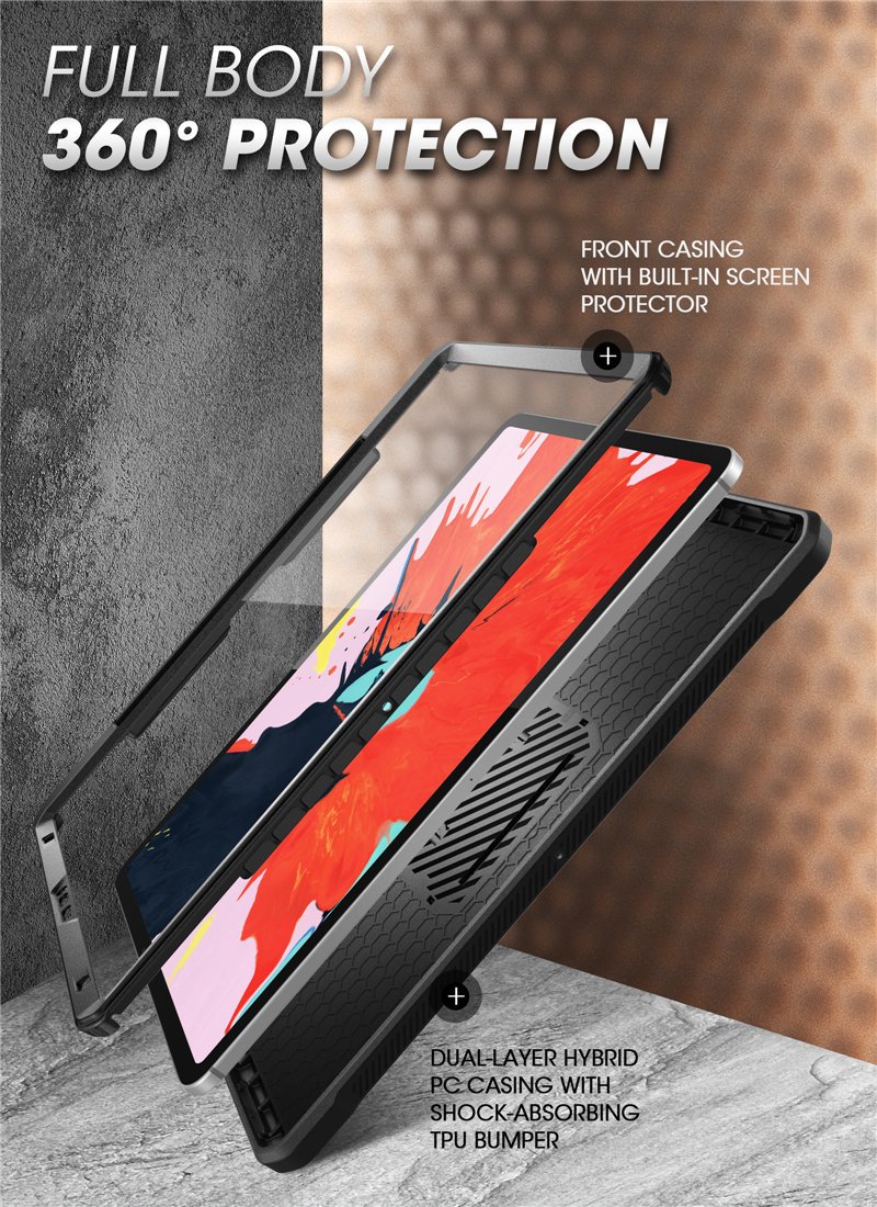 iPad Pro 11 (2020) UB Pro Case in black, showcasing rugged design and built-in screen protector.