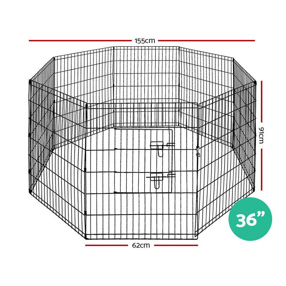 i.Pet 36 inch 8 panel pet dog playpen in black, featuring durable steel frames and a secure lock system for safety.